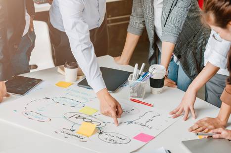 Foto: Personen diskutieren eine Flipchart
